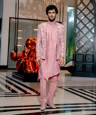 Onion Pink Abstract Floral Open Jacket Set 1
