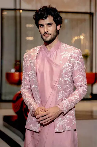 Onion Pink Abstract Floral Open Jacket Set