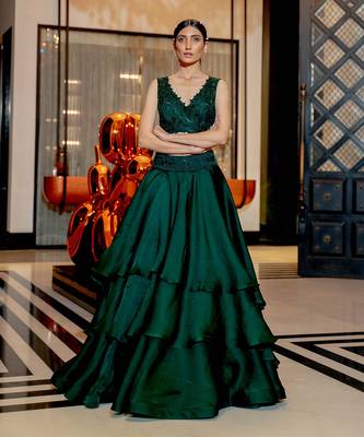 Emerald Green Wrap Style Blouse With Layered Skirt Set 1