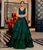 Emerald Green Wrap Style Blouse With Layered Skirt Set