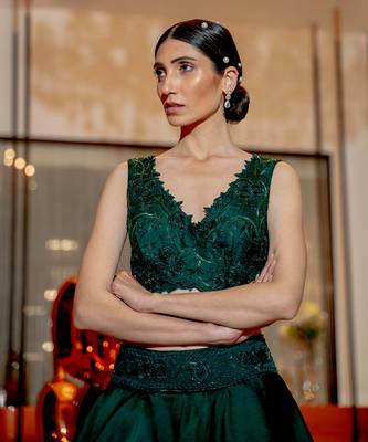 Emerald Green Wrap Style Blouse With Layered Skirt Set 2