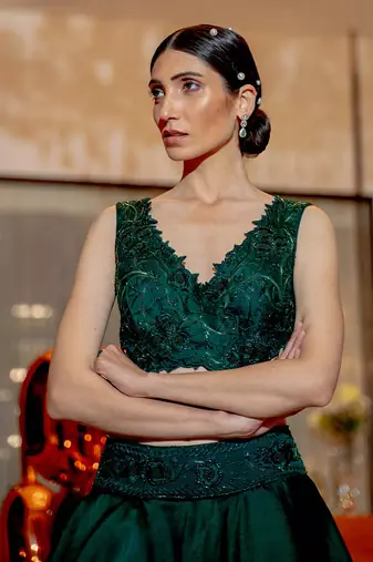 Emerald Green Wrap Style Blouse With Layered Skirt Set