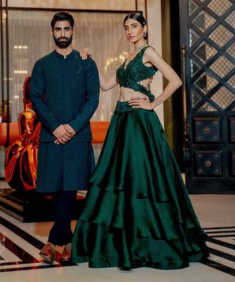 Emerald Green Wrap Style Blouse With Layered Skirt Set 3