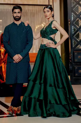 Emerald Green Wrap Style Blouse With Layered Skirt Set