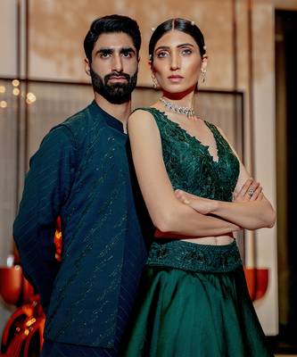 Emerald Green Wrap Style Blouse With Layered Skirt Set 4