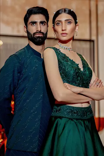 Emerald Green Wrap Style Blouse With Layered Skirt Set