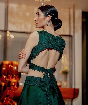 Emerald Green Wrap Style Blouse With Layered Skirt Set 5