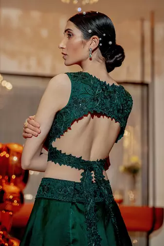 Emerald Green Wrap Style Blouse With Layered Skirt Set