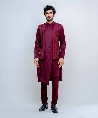 Plum Midnight Open Jacket Set With Pleated Kurta 1