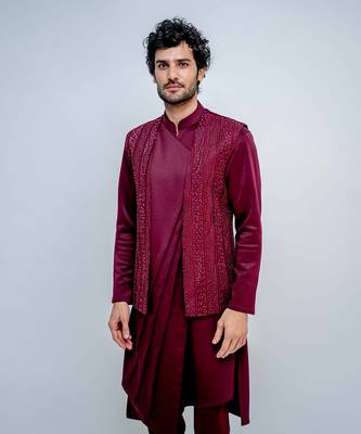 Plum Midnight Open Jacket Set With Pleated Kurta 2