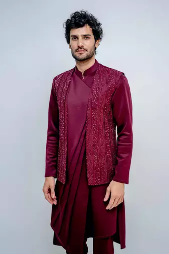 Plum Midnight Open Jacket Set With Pleated Kurta