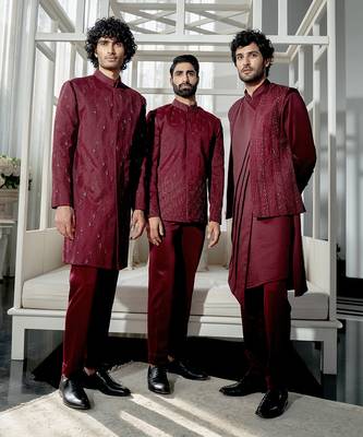 Plum Midnight Open Jacket Set With Pleated Kurta 3