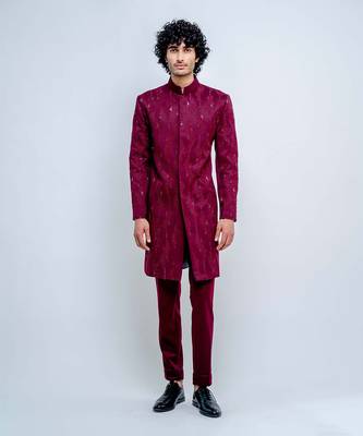 Plum Geometric Sherwani Set 1