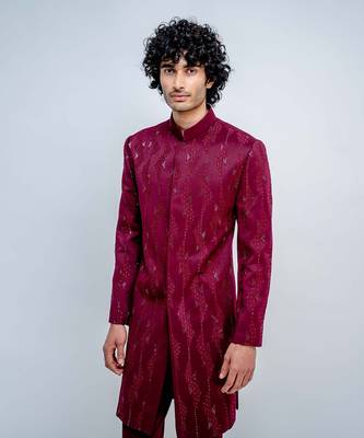 Plum Geometric Sherwani Set 2