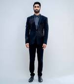 Black Metallic Stroked Jacket Set Adorned With