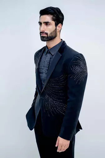 Black Metallic Stroked Jacket Set Adorned With