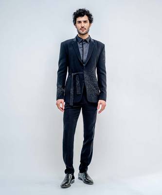 Black Metallic Wrap Style Stroked Blazer Set 1