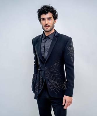 Black Metallic Wrap Style Stroked Blazer Set 2