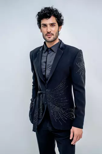 Black Metallic Wrap Style Stroked Blazer Set