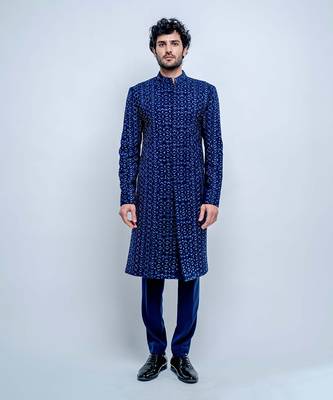 Sapphire Blue Geometric Sherwani 1