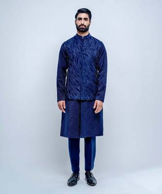Sapphire Blue Wavy Nehru Jacket Set 1