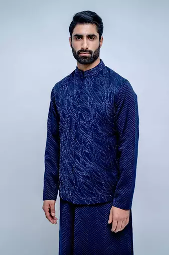 Sapphire Blue Wavy Nehru Jacket Set