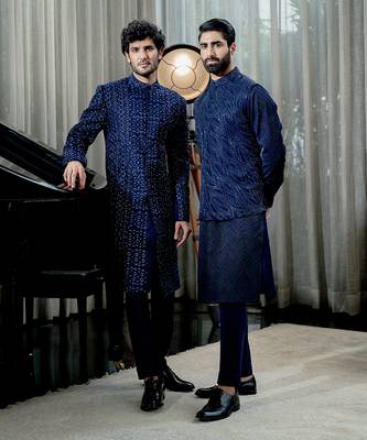 Sapphire Blue Wavy Nehru Jacket Set 3