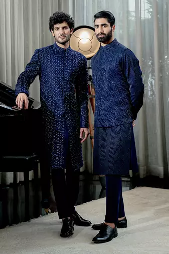 Sapphire Blue Wavy Nehru Jacket Set