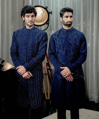 Sapphire Blue Wavy Nehru Jacket Set 4