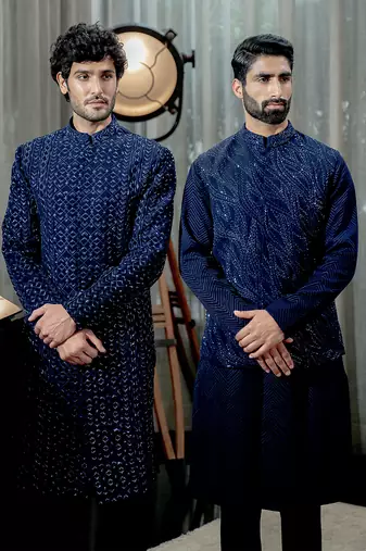 Sapphire Blue Wavy Nehru Jacket Set