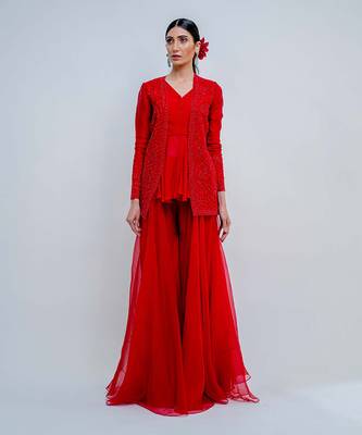 Crimson Red Palazzo And Jacket Set 1