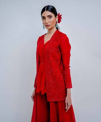 Crimson Red Palazzo And Jacket Set 2