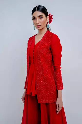 Crimson Red Palazzo And Jacket Set