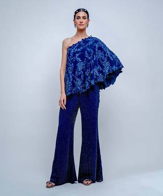 Sapphire Blue Floral One Shoulder Top Set 1