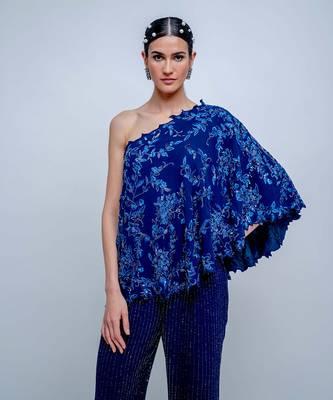 Sapphire Blue Floral One Shoulder Top Set 2
