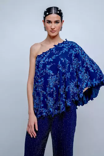 Sapphire Blue Floral One Shoulder Top Set