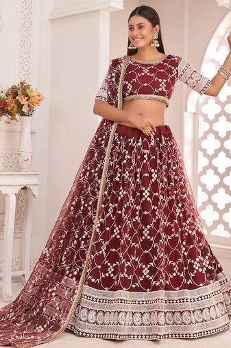 Outstanding Maroon Sequins Net Wedding Wear Lehenga Choli With Dupatta