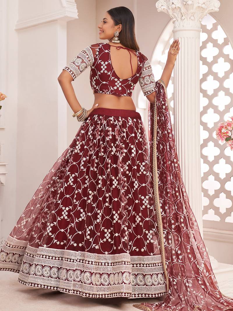 Outstanding Maroon Sequins Net Wedding Wear Lehenga Choli With Dupatta