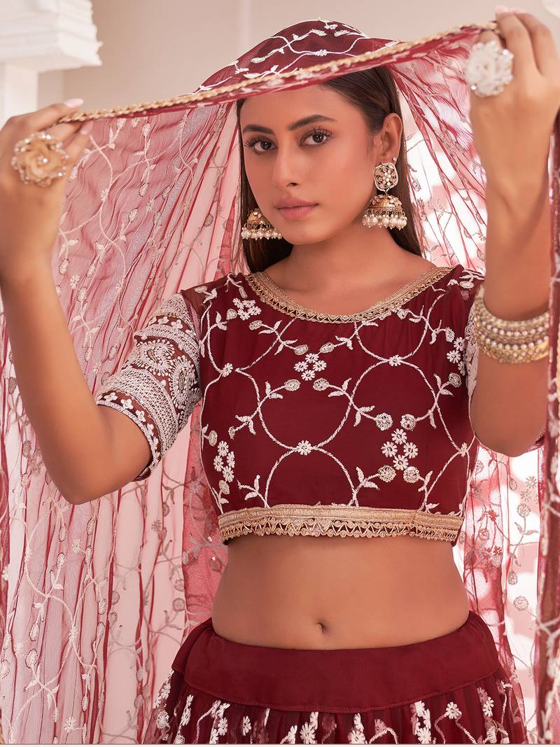 Outstanding Maroon Sequins Net Wedding Wear Lehenga Choli With Dupatta