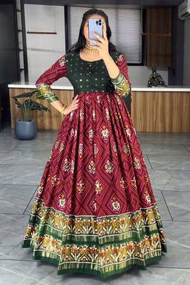 Marron bandhni print cotton silk patola gown 2
