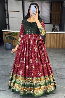 Marron bandhni print cotton silk patola gown 3