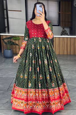 Green bandhni print cotton silk patola gown 1