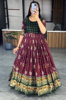 Wine bandhni print cotton silk patola gown 1