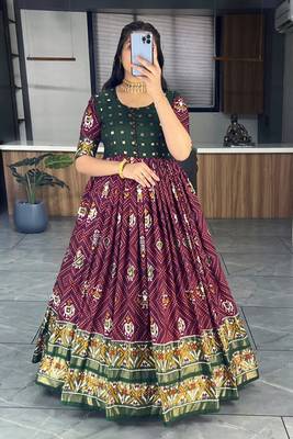 Wine bandhni print cotton silk patola gown 2
