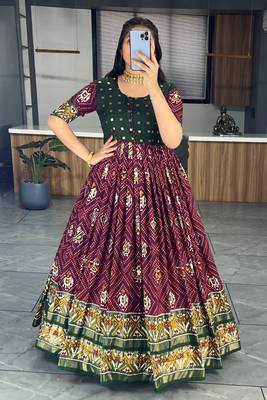 Wine bandhni print cotton silk patola gown 3