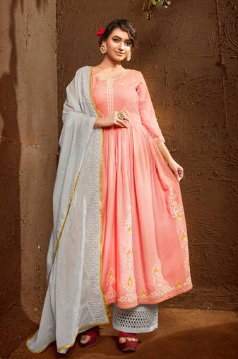 Peach Embroidered Rayon Stitched Anarkali Suit Free size full stitched Up To 42" Size