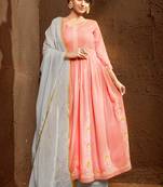 Peach Embroidered Rayon Stitched Anarkali Suit Free size full stitched Up To 42" Size