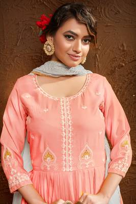 Peach Embroidered Rayon Stitched Anarkali Suit Free size full stitched Up To 42" Size 2