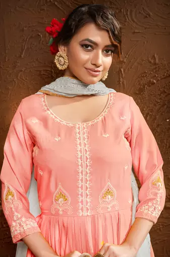 Peach Embroidered Rayon Stitched Anarkali Suit Free size full stitched Up To 42" Size