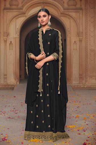 Black Embroidered Art Silk  Anarkali Suit Free size full stitched Up To 42" Size
